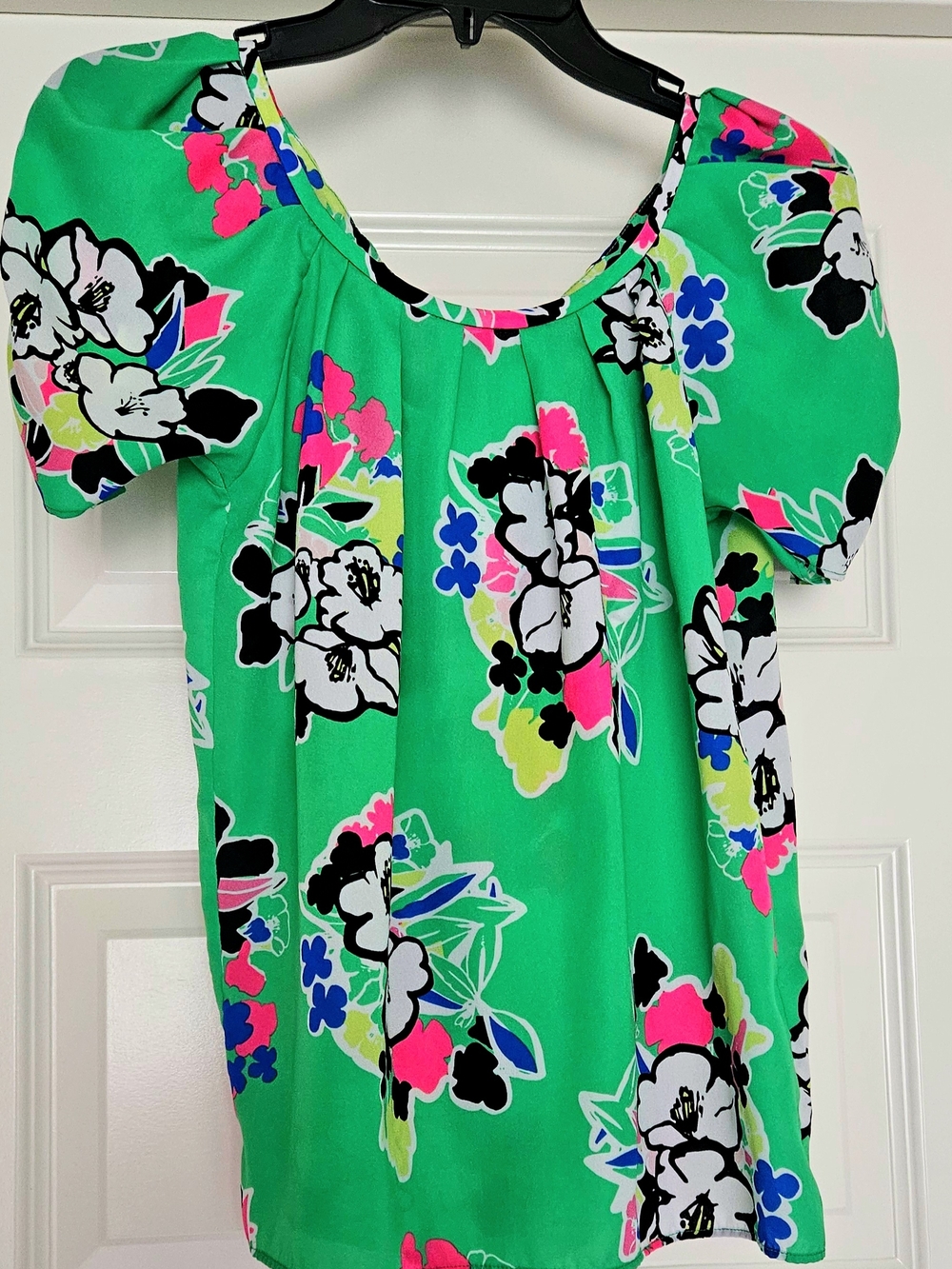 Kaari Blue Green Floral Puff-Sleeve Blouse